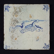 Animal tile, blue on white, crocodile, corner motif ox's head, baking error, wall tile tile sculpture ceramic earthenware glaze
