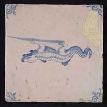Animal tile, blue on light pink, crocodile, corner pattern ox head, baking error, wall tile tile sculpture ceramic earthenware