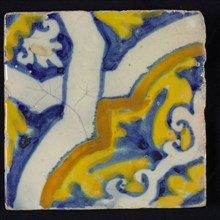 Ornament tile blue, yellow and orange on white, ornamented paneling, model D, diagonal decor, two intersecting white bands