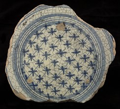 Fragment majolica plate, blue on white, simplified chessplate decor with crosses, plate crockery holder soil find ceramic