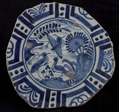 Fragment majolica plate, blue on white, bird in Chinese garden, border in Wanli style, plate dish crockery holder soil find