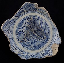 Fragment majolica dish, blue on white, Chinese inspired motif with birds and plants, plate dish crockery holder soil find