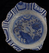 Fragment majolica dish, blue on white, bird (duck) in Chinese garden, border in Wanli style, plate dish crockery holder earth