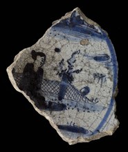 Fragment majolica dish, blue on white, with Chinese in the mirror, dish crockery holder earth discovery ceramic earthenware