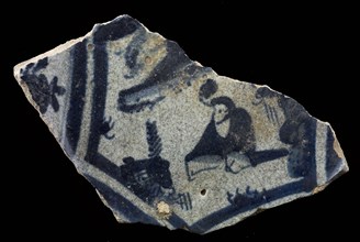 Fragment majolica dish, blue on white, with Chinese in landscape in hexagon, dish crockery holder earth discovery ceramics