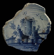 Fragment majolica dish, blue on white, on mirror landscape with houses and ruin-tower, dish crockery holder soil find ceramic