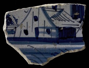 Fragment majolica dish, blue on white, on mirror landscape with house, dish crockery holder soil find ceramic earthenware glaze