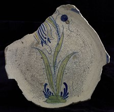 Fragment majolica dish, polychrome, with tulip on ground, plate crockery holder soil find ceramic earthenware enamel, baked