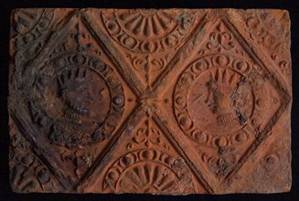 Hearthstone, from Antwerp Belgium, without frame, with crowned male and female head, hearth fireplace component ceramics brick