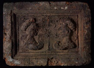 Hearthstone, Luiks, from Luik, Liege Belgium, with wide frame, with male and female head, fireplace stone fireplace component