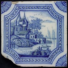 F.J. Kleyn, Scene tile, landscape with castle, corner motif quarter rosette, wall tile tile sculpture ceramic earthenware glaze