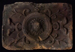 Hearthstone, from Antwerp Belgium, without frame, with mascaron, hearth fireplace component ceramics brick, baked Hearth stone