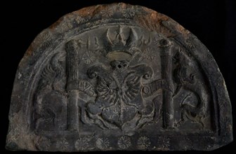 Hearthstone, capstone, with escutcheon of Emperor Charles V, fireplace stone hearth part ceramic brick, baked Hearth stone half