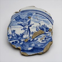 Fragment majolica dish, blue on white, angel that proclaims the shepherds of the birth of Jesus, plate dish crockery holder soil