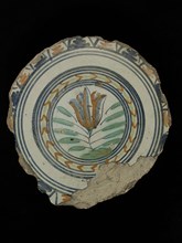 FvB, Majolica dish, polychrome, tulip in the mirror, signed, plate crockery holder soil find ceramic earthenware glaze, baked