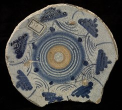 Fragment majolica dish, circles in orange and blue, figures stacked around them in blue, dish plate crockery holder soil find