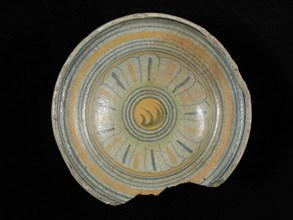 AP, Majolica salt bowl, polychrome, in the middle rosette, signed, salt bowl salt barrel tableware holder soil find ceramic