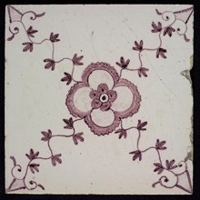 F.J. Kleyn, Ornament tile, rosette with flower heart, corner pattern ox head, wall tile tile sculpture ceramic earthenware glaze