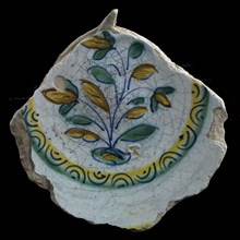 Fragment majolica dish, polychrome, three flowers on piece of land, plate crockery holder soil find ceramic earthenware glaze