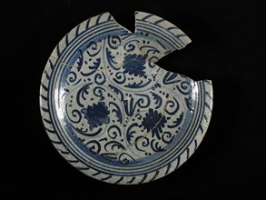 ACS, Majolica dish, blue on white, vines and curls, rope edge, signed, plate crockery holder soil find ceramic earthenware