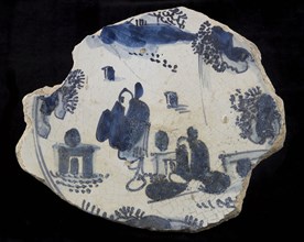 Fragment majolica dish, blue on white, Chinese landscape with Chinese, dish plate crockery holder earth discovery ceramics