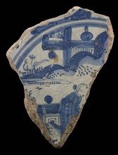 Fragment majolica dish, blue on white, Chinese landscape with Chinese, dish plate crockery holder earth discovery ceramics