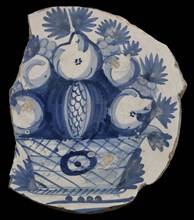Fragment majolica dish, blue on white, with apples, grapes and pomegranates in fruit basket, plate dish crockery holder soil