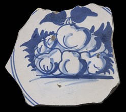 Fragment majolica dish, blue on white, with stacked fruit, apples and pears, plate dish crockery holder soil find ceramic