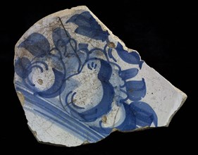 Fragment majolica dish, blue on white, with apples and pears, plate tableware holder soil find ceramic pottery glaze, baked