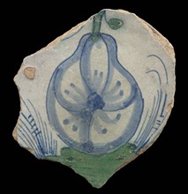 Fragment majolica dish, green and blue on white, with pear on piece of ground, plate dish crockery holder soil find ceramic