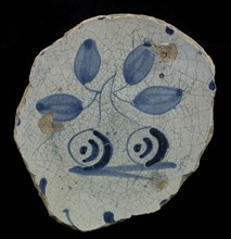 Fragment majolica dish, blue on white, with two cherries, plate dish crockery holder soil find ceramic earthenware glaze, baked