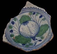 Fragment majolica dish, green and blue on white, decor with one pomegranate, plate crockery holder soil find ceramics pottery