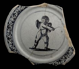 Fragment faience plate, blue on white, cherub or putto with stick, plate dish crockery holder earth discovery ceramic