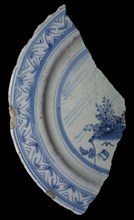 Fragment faience plate, blue on white, landscape, plate dish crockery holder soil find ceramic earthenware glaze tin glaze