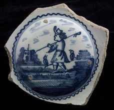 Fragment majolica dish, blue on white, on convex mirror image shepherd in landscape, plate crockery holder soil find ceramic