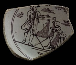 Fragment faience plate, purple on white, on mirror man with viewing box, bowl crockery holder soil find ceramic earthenware