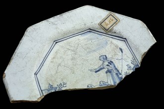 Fragment octagonal faience plate, blue on white, shepherdess on hill, plate dish crockery holder soil find ceramic earthenware