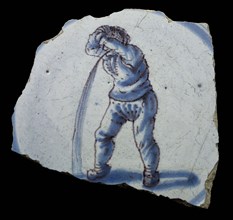 Fragment faience plate, blue and purple on white, vomiting man, plate dish crockery holder soil find ceramic earthenware glaze