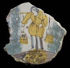 Fragment majolica dish, polychrome, woman with yoke, plate dish crockery holder soil find ceramic earthenware enamel, baked