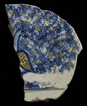 Fragment majolica dish, yellow and blue on white, peacock with spread tail, plate dish crockery holder soil find ceramic