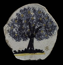 Fragment majolica dish, polychrome, fruit tree on piece of ground, plate dish crockery holder soil find ceramic pottery glaze