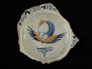 Fragment majolica dish, polychrome, winged cherub head, aigrette border, signed, plate dish crockery holder soil find ceramic