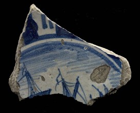 Small fragment majolica dish, blue on white, tops of sailing ship, plate dish crockery holder soil find ceramic earthenware