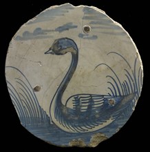 Fragment majolica dish, blue on white, swimming swan in landscape, plate dish crockery holder soil find ceramic earthenware