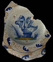 Fragment majolica dish, polychrome, swan on nest, egret border, pancake dish dish plate crockery holder soil find ceramic