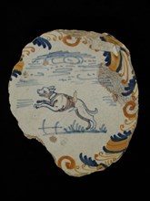 WGF, Fragment majolica dish, polychrome, jumping dog, egret border, signed, plate dish crockery holder soil find ceramic