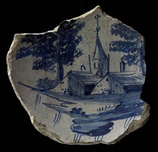 Fragment majolica bowl or bowl, blue on white, landscape with church and farm, bowl bowl container holder soil find ceramic