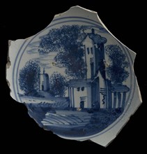 Fragment majolica scale, blue on white, landscape with church or tower, plate tableware holder soil find ceramic pottery glaze