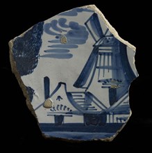 Fragment majolica scale, blue on white, landscape with farm and mill, plate tableware holder soil find ceramic pottery glaze