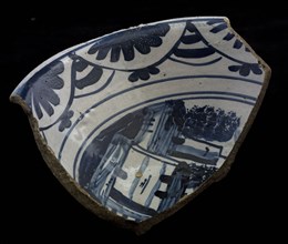 Fragment large majolica bowl, blue on white, landscape?, bowl bowl tableware holder soil find ceramic pottery enamel, baked